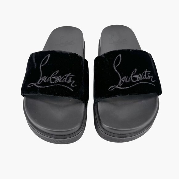 Christian Louboutin 'Navy Pool' Slide Sandals Size 37 US 7 Black Velvet Logo 26 - Picture 2 of 12